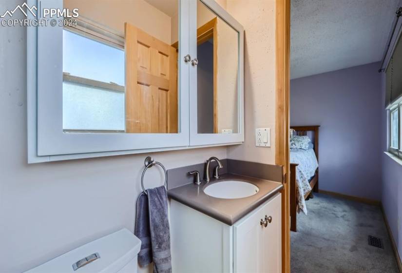 Bathroom featuring a wealth of natural light, toilet, and vanity with extensive cabinet space