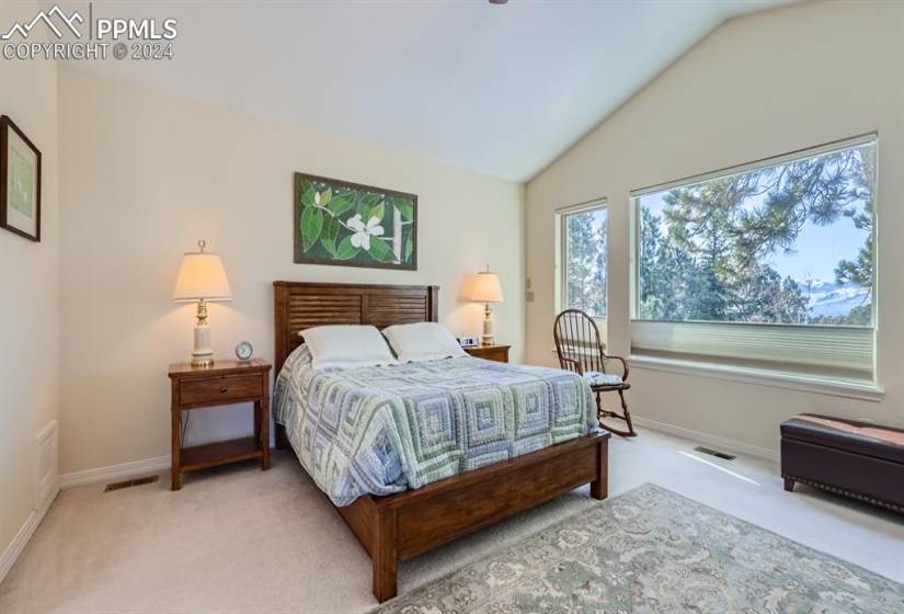 Carpeted bedroom with lofted ceiling & beautiful views including Pikes Peak