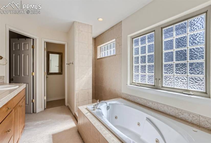 Bathroom featuring vanity and a relaxing tiled Jacuzzi tub, tiled walk in shower and walk in closet