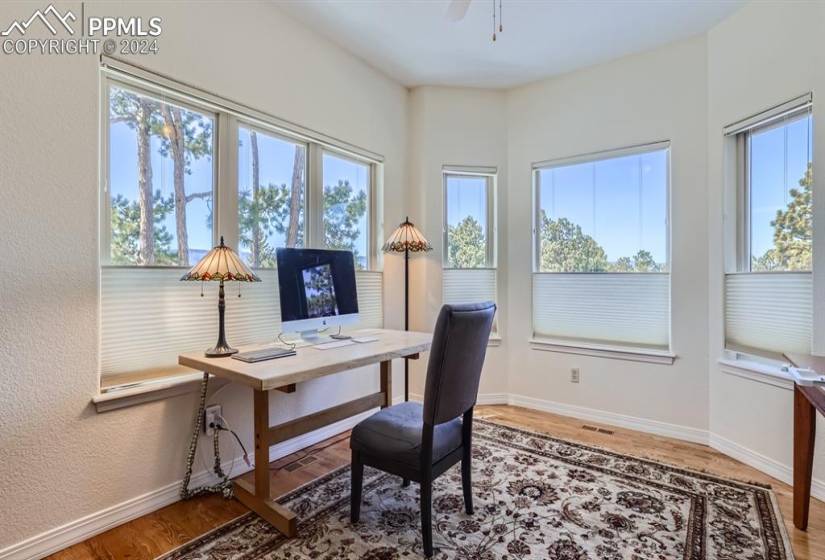 Office space featuring hardwood flooring, surrounding windows with up and down shades & french doors