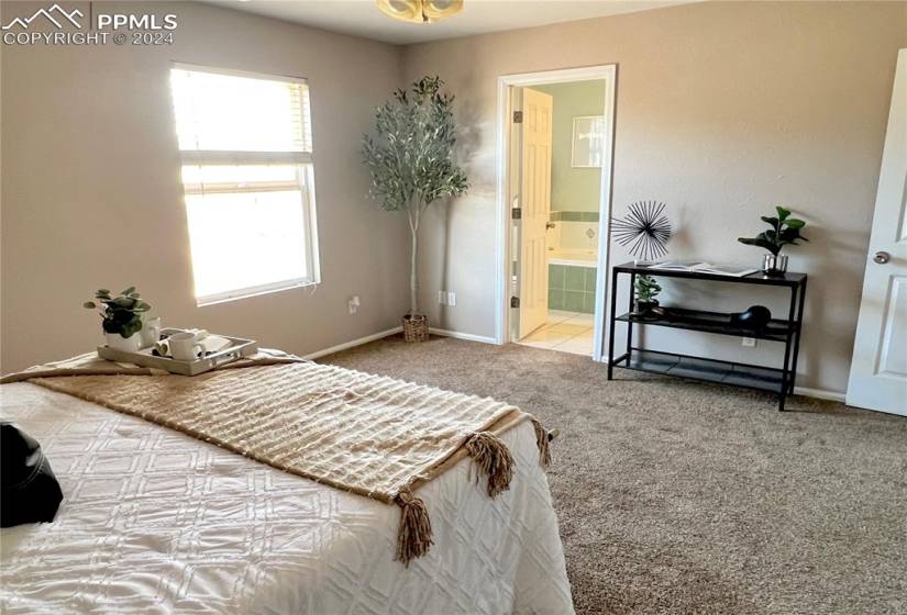 Bedroom featuring light colored carpet, connected bathroom, and multiple windows