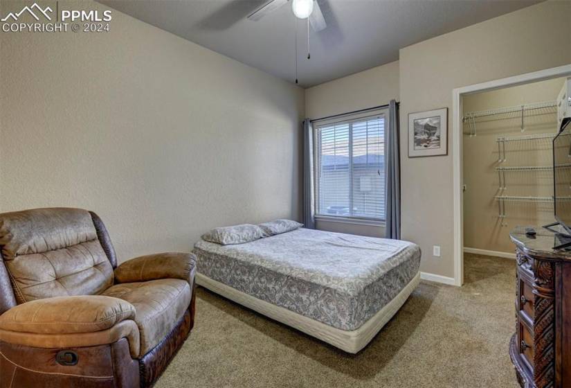 Bedroom with light carpet, a walk in closet, and ceiling fan