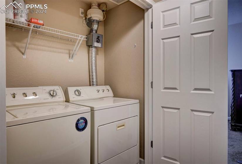 Clothes washing area with carpet flooring and washing machine and clothes dryer