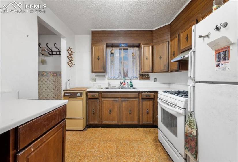 Appliances include a gas range oven, vent hood, dishwasher, and refrigerator.