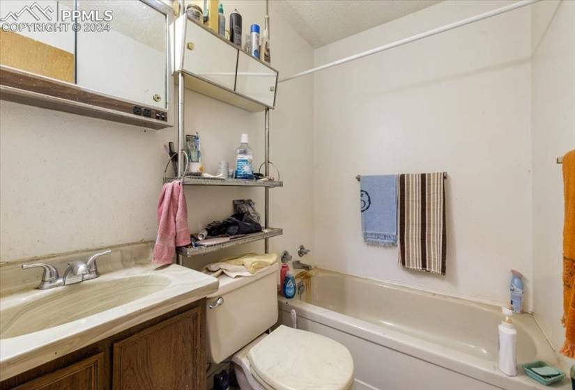 Hall Bathroom with vanity, medicine cabinet and tub.