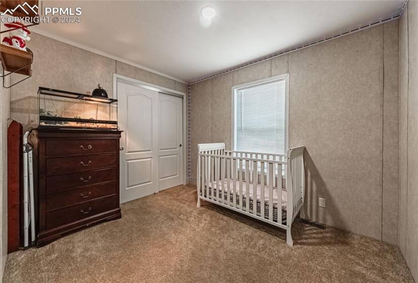 Carpeted bedroom featuring a closet and a crib
