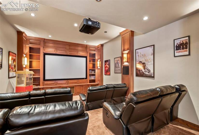 Furnished Home theater room with built in shelves and carpet flooring