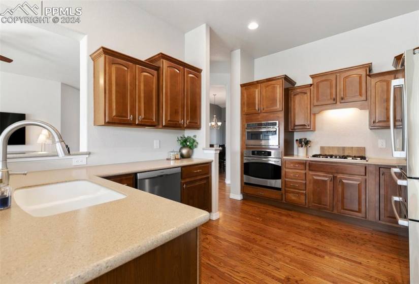 Kitchen featuring appliances with stainless steel finishes, dark hardwood / wood-style flooring, sink, and ceiling fan