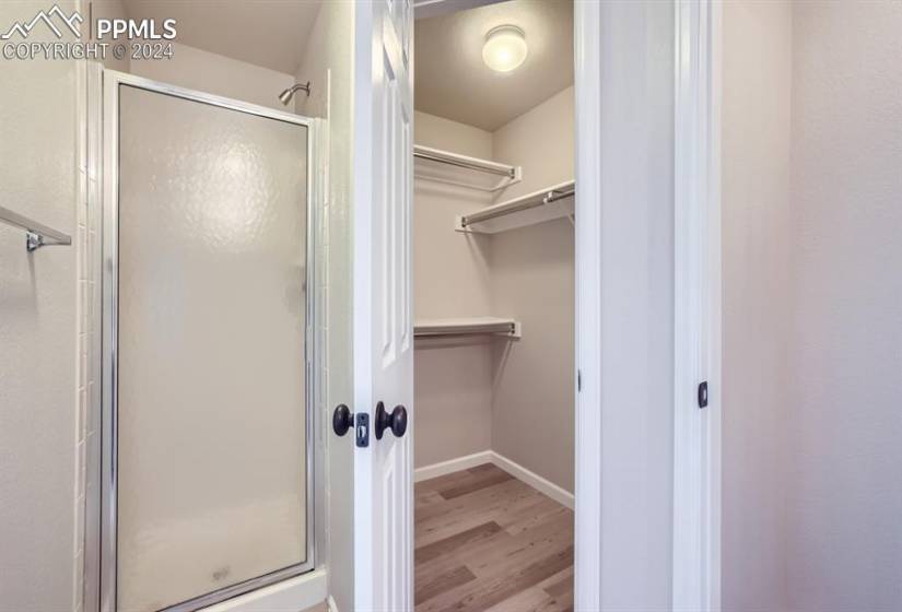 Primary bathroom with spacious closet and free-standing shower