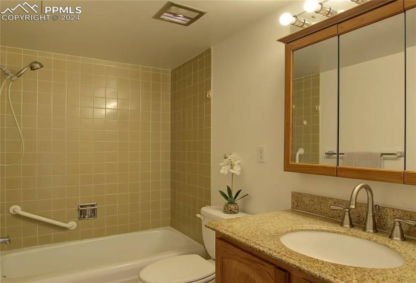 Full bathroom featuring vanity, toilet, and tiled shower / bath
