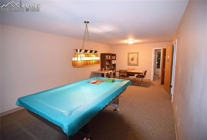 Rec room featuring billiards and carpet