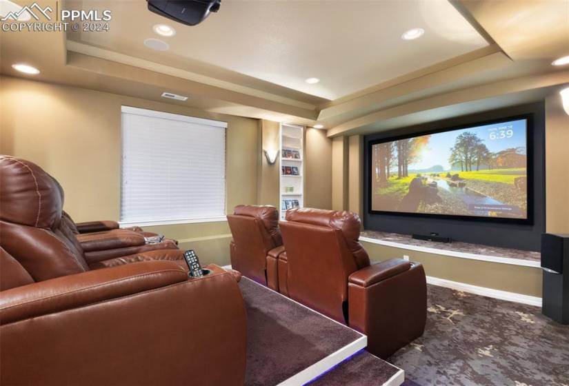 Cinema room featuring a tray ceiling