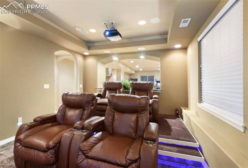 Home theater featuring carpet and a raised ceiling
