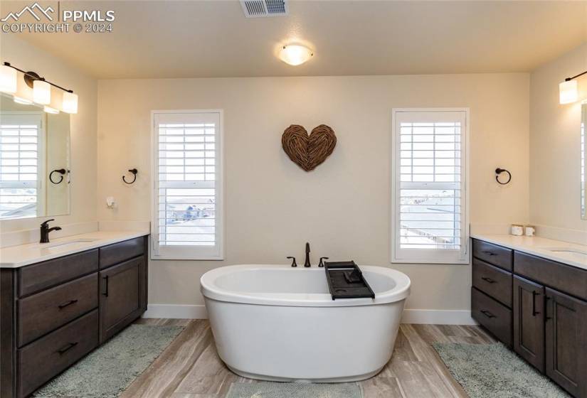 Master bathroom with tons of natural light, a free standing soaker tub and separate vanities with quartz countertops