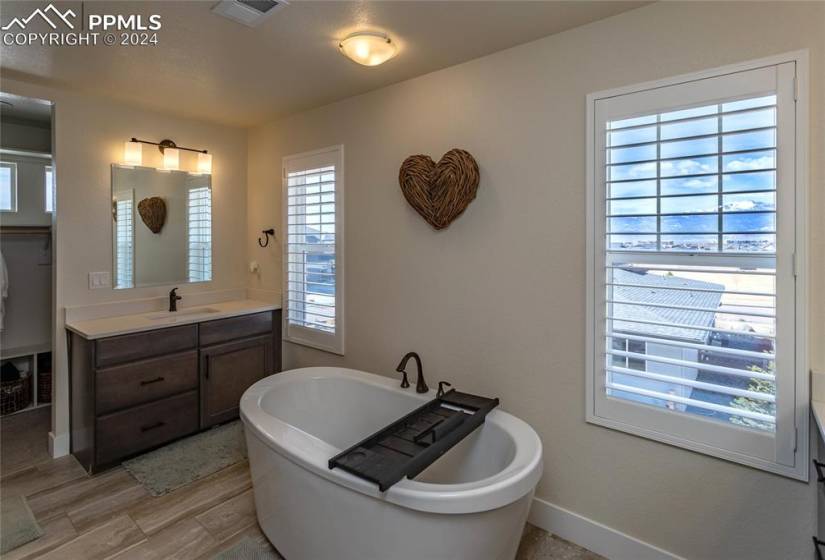 Master bathroom with tons of natural light, a free standing soaker tub and separate vanities with quartz countertops