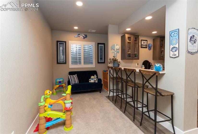 Basement family room with 9ft tall ceilings, color changing fireplace and full wet bar