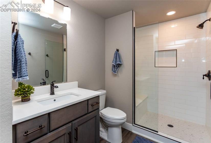 Basement bathroom with walk in shower, oversized vanity, quartz countertops and linen closet