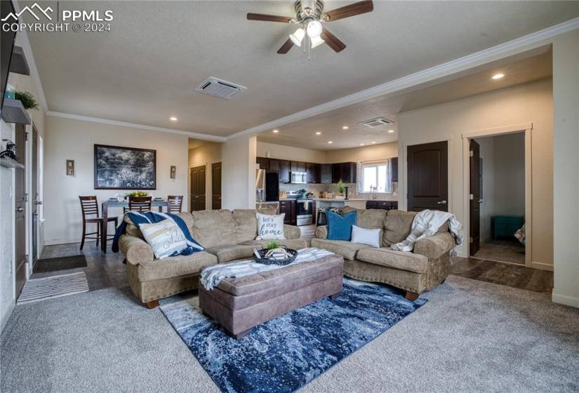 The Living Room features neutral carpet and a lighted ceiling fan.