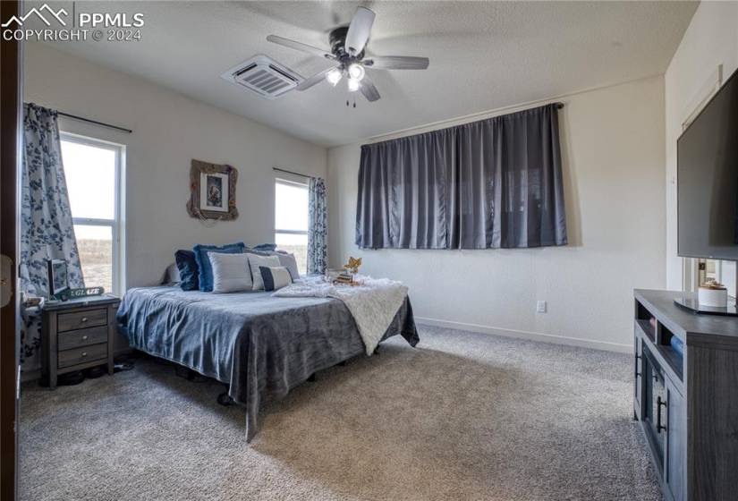 Main Level Primary Suite with neutral carpet and a lighted ceiling fan.