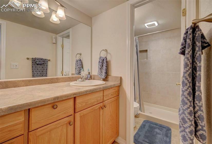 Bathroom with vanity, toilet, and a shower with shower curtain