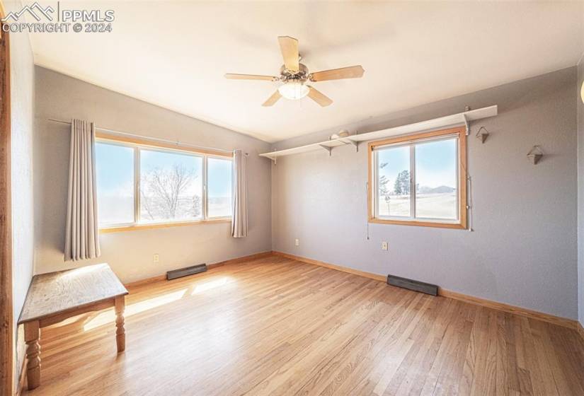 Empty room featuring plenty of natural light, ceiling fan, and light wood-type flooring