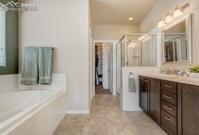 Soaking tub and separate standing shower with a private water closet & walk-in closet.