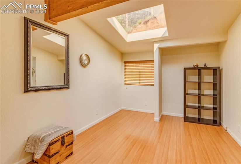 Empty room with lofted ceiling with skylight and light wood-type flooring