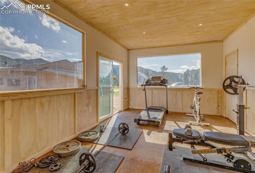 Workout room with plenty of natural light, wood ceiling, and a mountain view