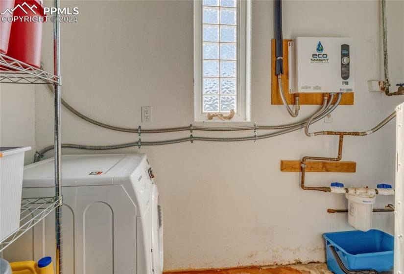 Laundry room with water heater and washer / dryer