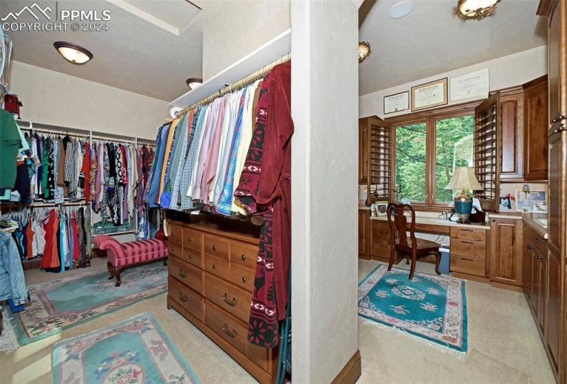 Spacious closet with light carpet