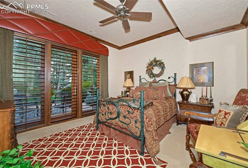 Bedroom with multiple windows, light carpet, access to exterior, and ceiling fan