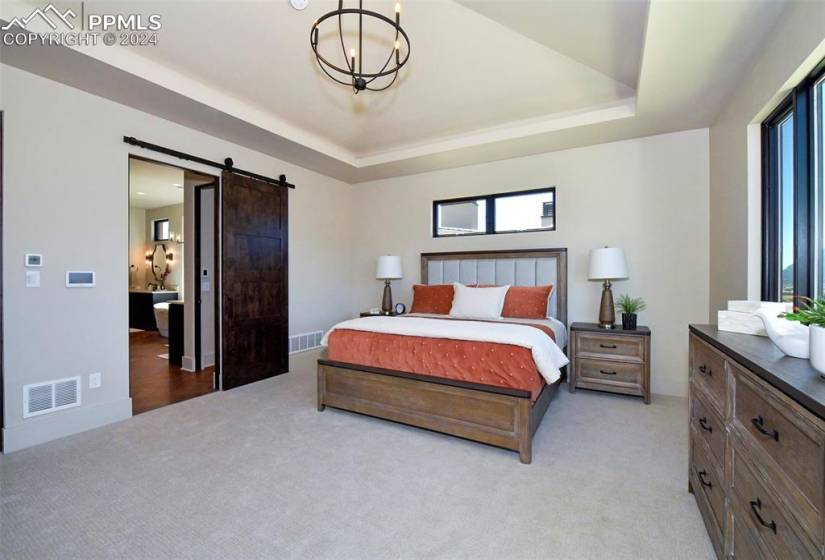 Master suite with a tray ceiling, multiple windows rovide great natural light, Amazing views andadjoing 5 piece bath