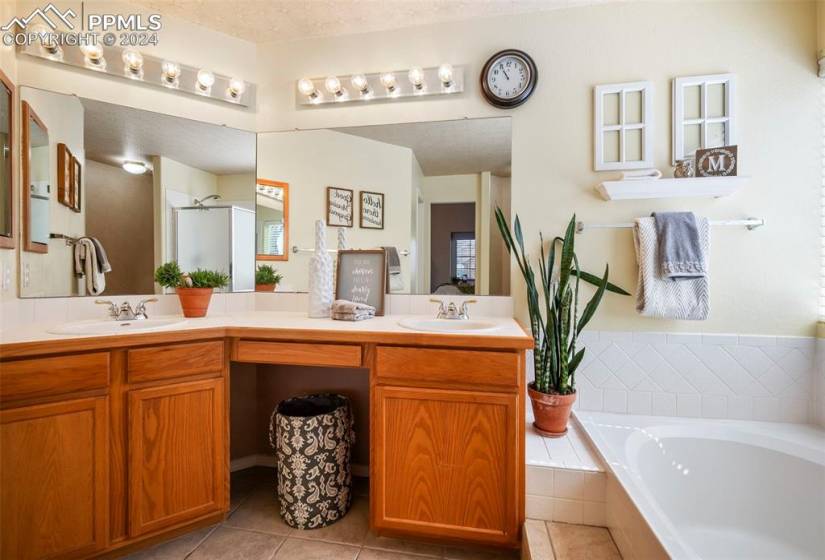 Primary bath, double vanity, soaking tub, stand up shower, walk in closet