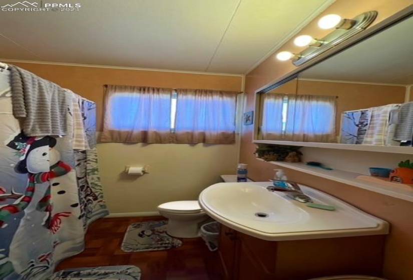 Bathroom featuring plenty of natural light, vanity, toilet, and parquet flooring