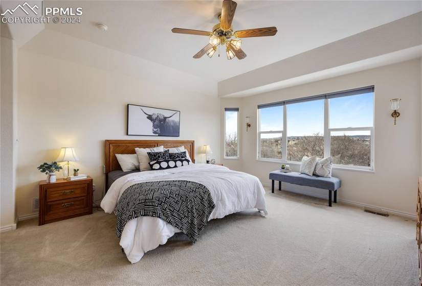 Carpeted bedroom with ceiling fan and large windows