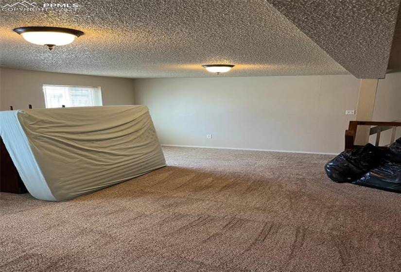 Bedroom with carpet floors and a textured ceiling