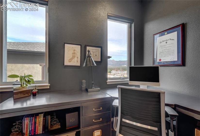 Main Level Office features Stunning Views, Hardwood Floors + 8' Alder Door