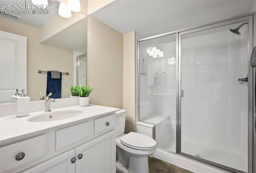 Basement Bathroom with toilet, tile floors, a shower with shower door, and vanity