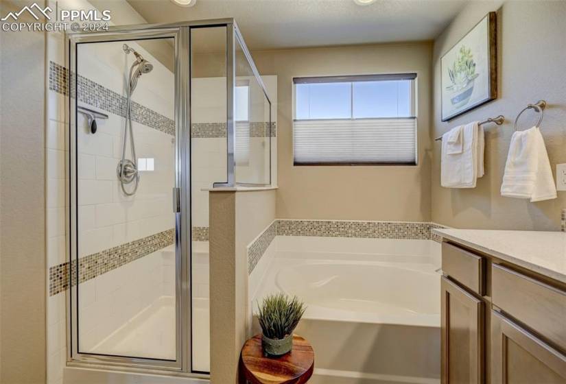 Bathroom featuring a textured ceiling, plus walk in shower, and vanity