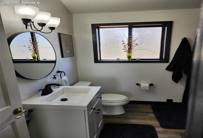 Bathroom featuring toilet, vanity, hardwood / wood-style floors, and a notable chandelier
