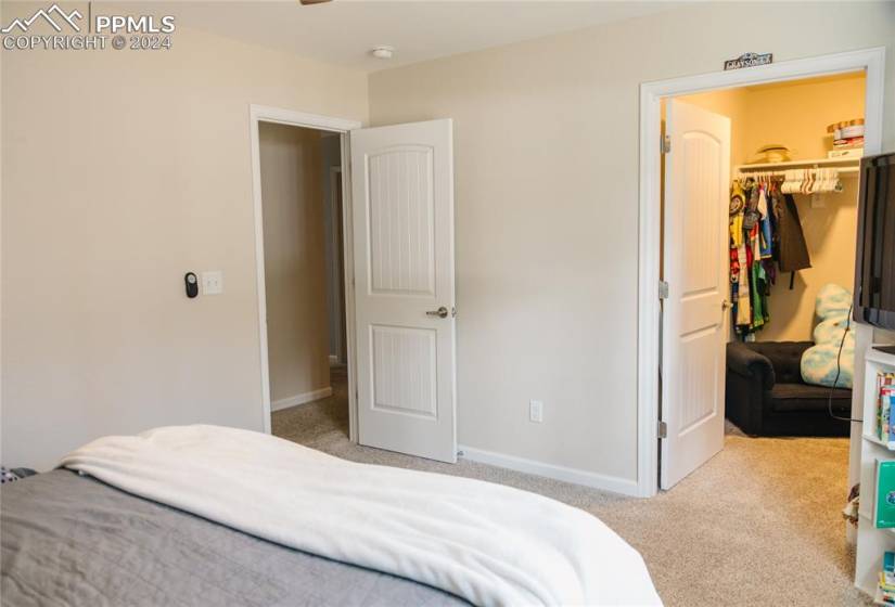 Bedroom featuring a closet, a walk in closet, and light carpet