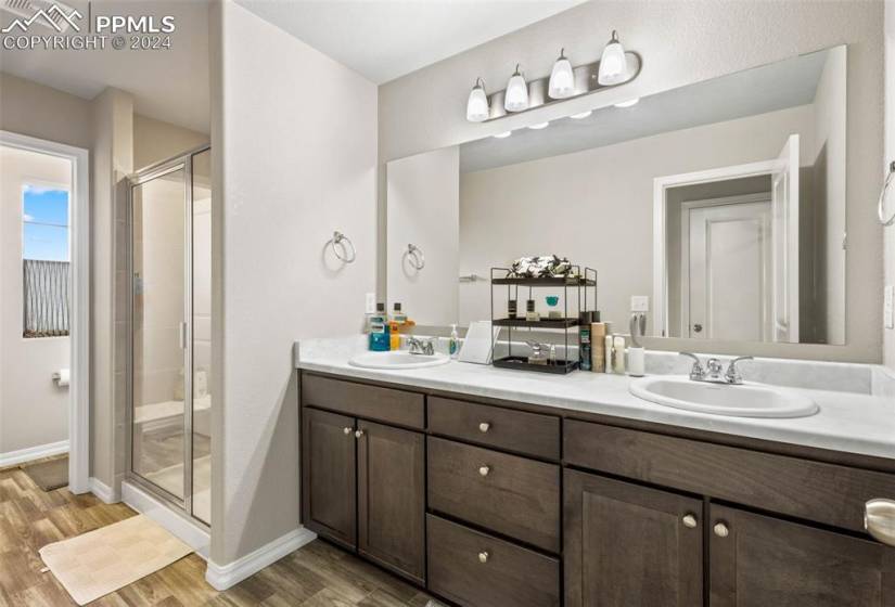 Bathroom with a shower with shower door, double vanity, and hardwood / wood-style flooring