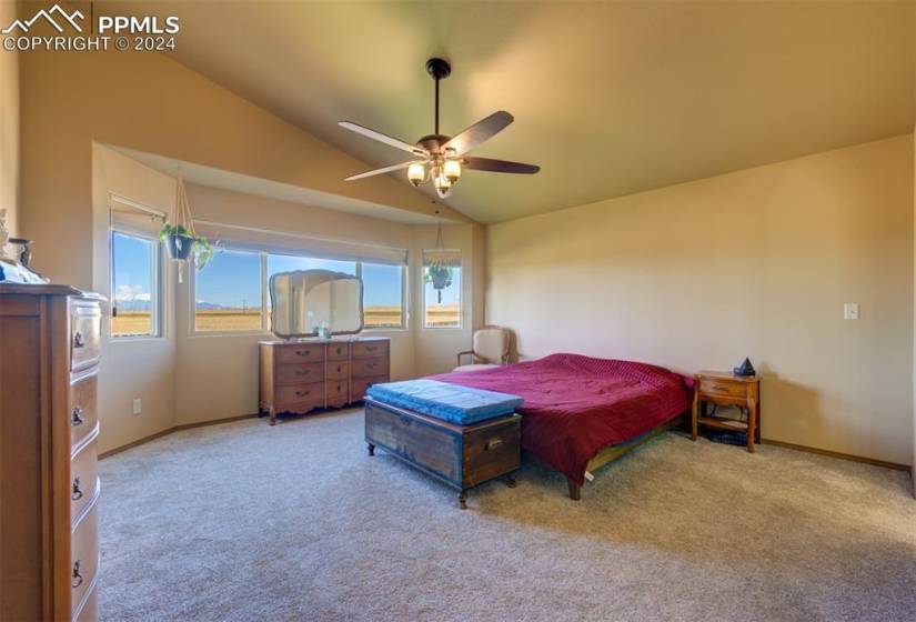 Carpeted Owners bedroom featuring lofted ceiling and ceiling fan