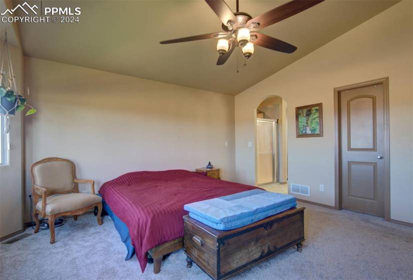 Owners Bedroom featuring light colored carpet, ceiling fan, and lofted ceiling