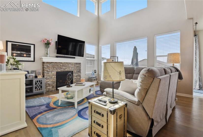 Vaulted ceilings, hardwood floors, gas fireplace, ample amount of natural light.