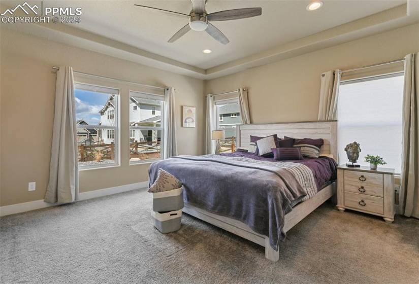 Bedroom featuring dark carpet, ceiling fan, and a tray ceiling