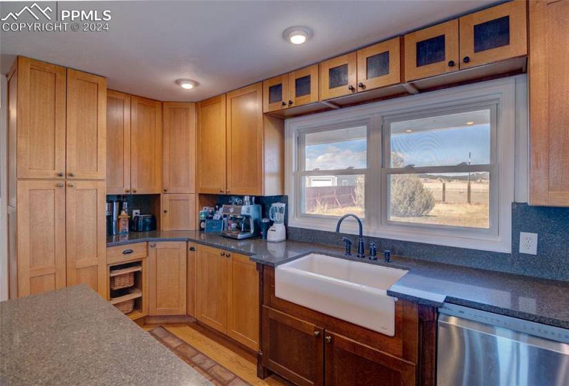 Kitchen with sink, backsplash, light hardwood / wood-style floors, and stainless steel dishwasher