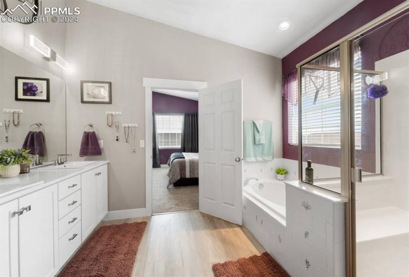 Bathroom with hardwood / wood-style floors, a relaxing tiled bath, vanity, and a healthy amount of sunlight