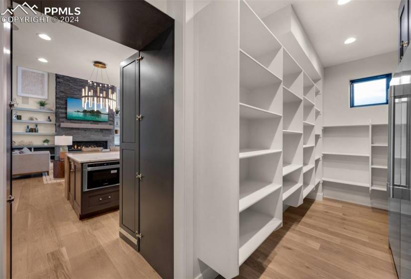Hidden pantry with a refrigerator and freezer.