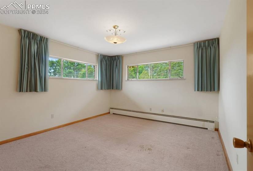 Spare room featuring a baseboard radiator and light colored carpet